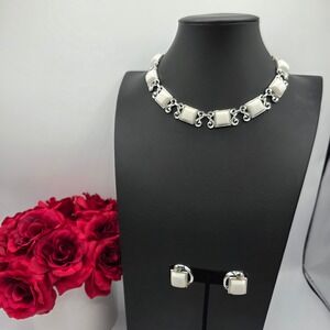 Vintage Charel Silver Tone White Thermoset Choker Necklace and Earring Set